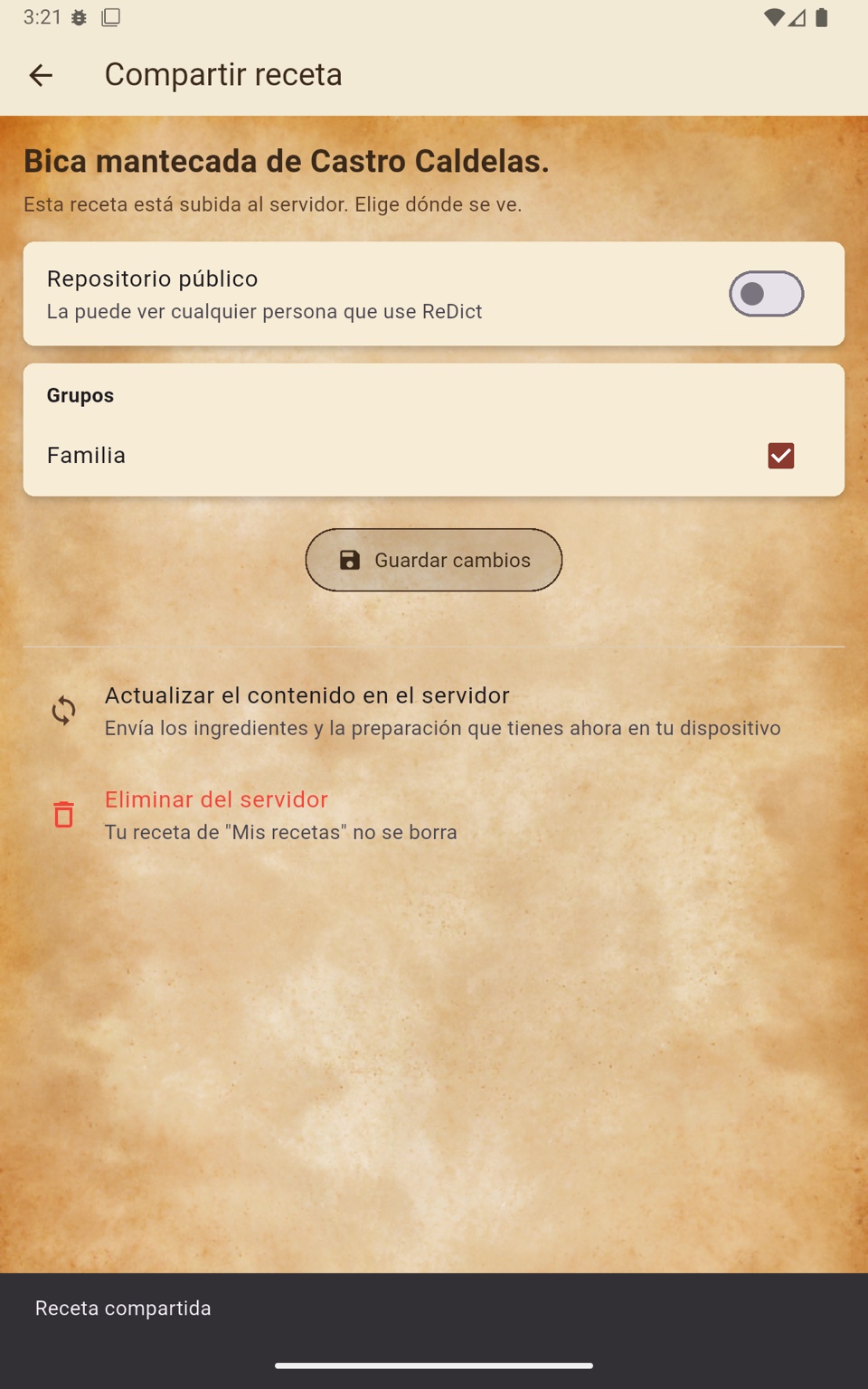 Compartir una receta en ReDict
