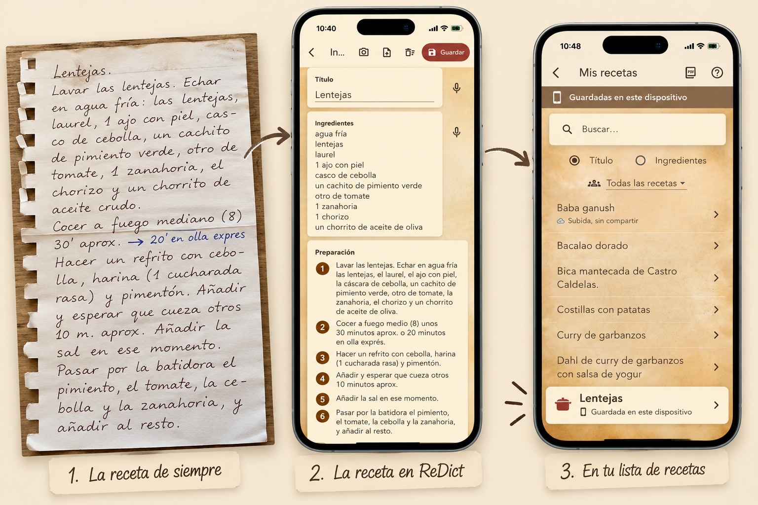 Receta manuscrita de lentejas